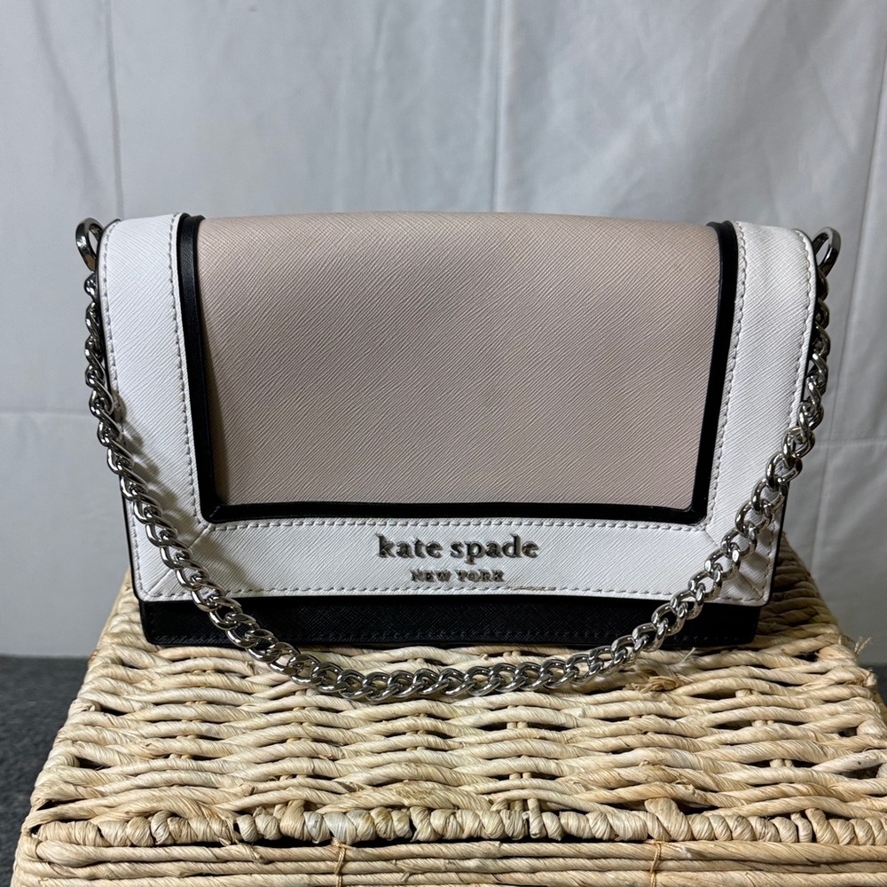 Kate Spade Colorblock Flap Shoulder Bag Chain Strap Neutral Leather